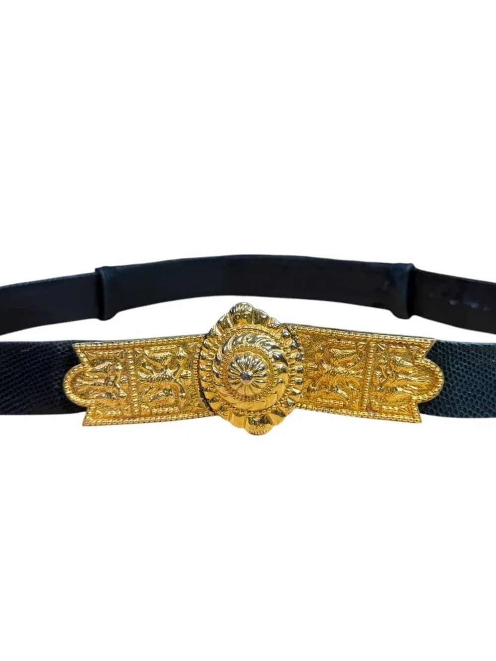 Judith Leiber Venetian Style Belt Black Snakeskin Gold Tone Metal Double Buckle